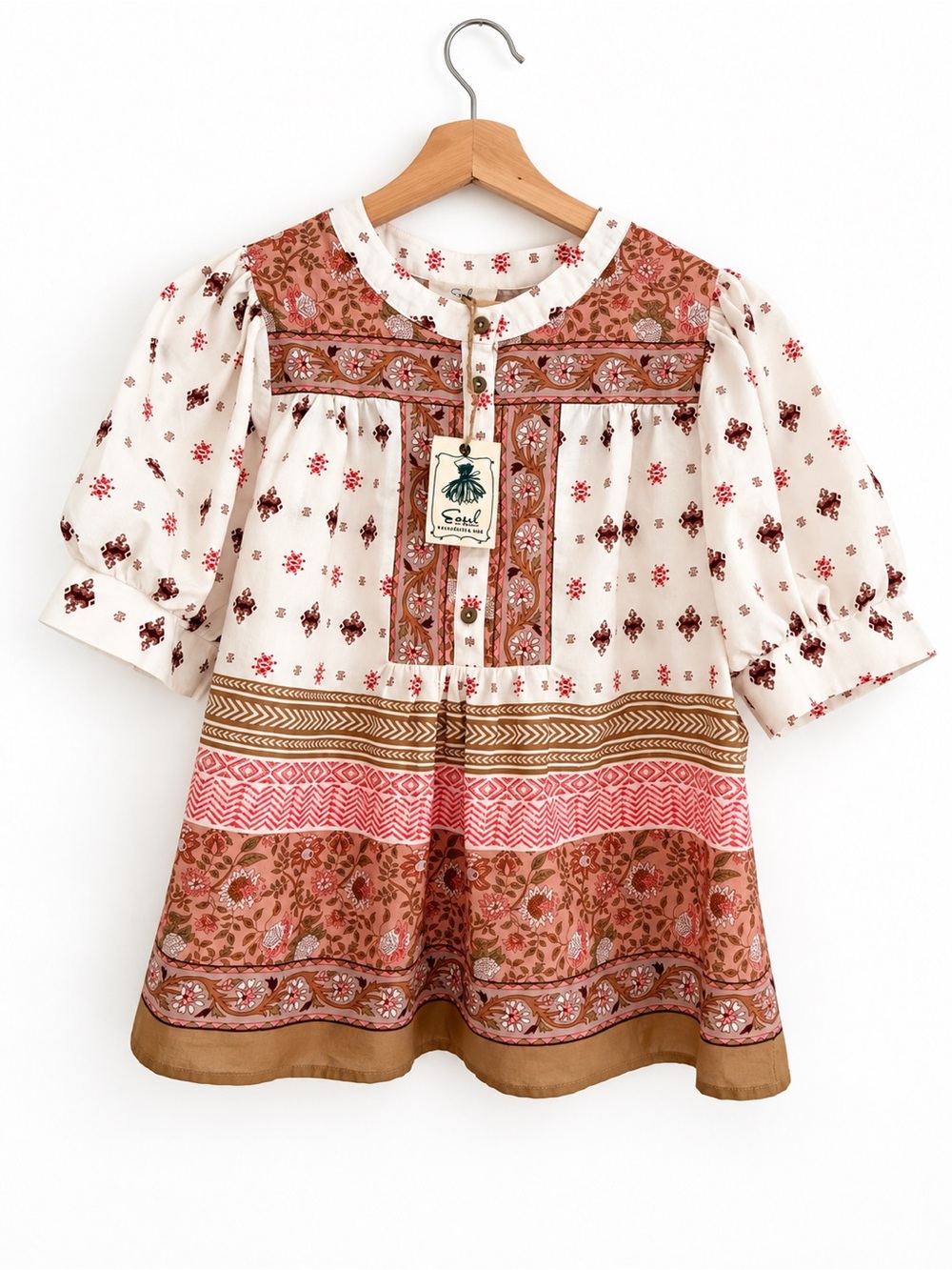 Easel Cream and Rust Floral Boho Button-Front Tunic - Picture 2 of 5